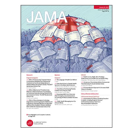Thrombolysis Before Thrombectomy for Stroke, USPSTF Guideline on Smoking Cessation, US Health Policy Theme Issue, and more