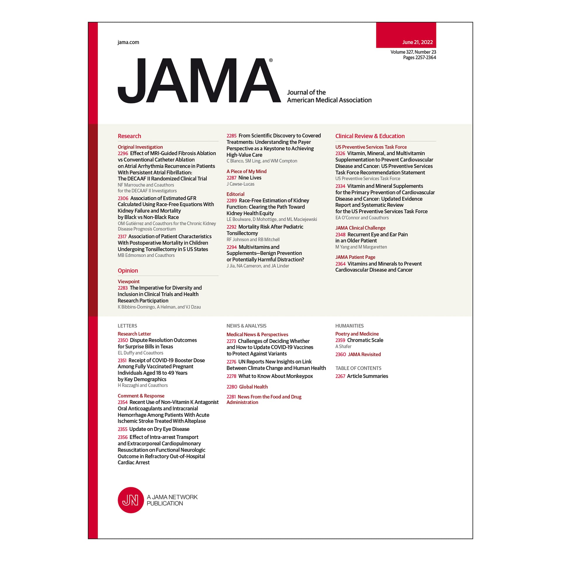 Ablation for Atrial Fibrillation, Race-Free Equations for Kidney Function, Mortality With Tonsillectomy in Children, and more