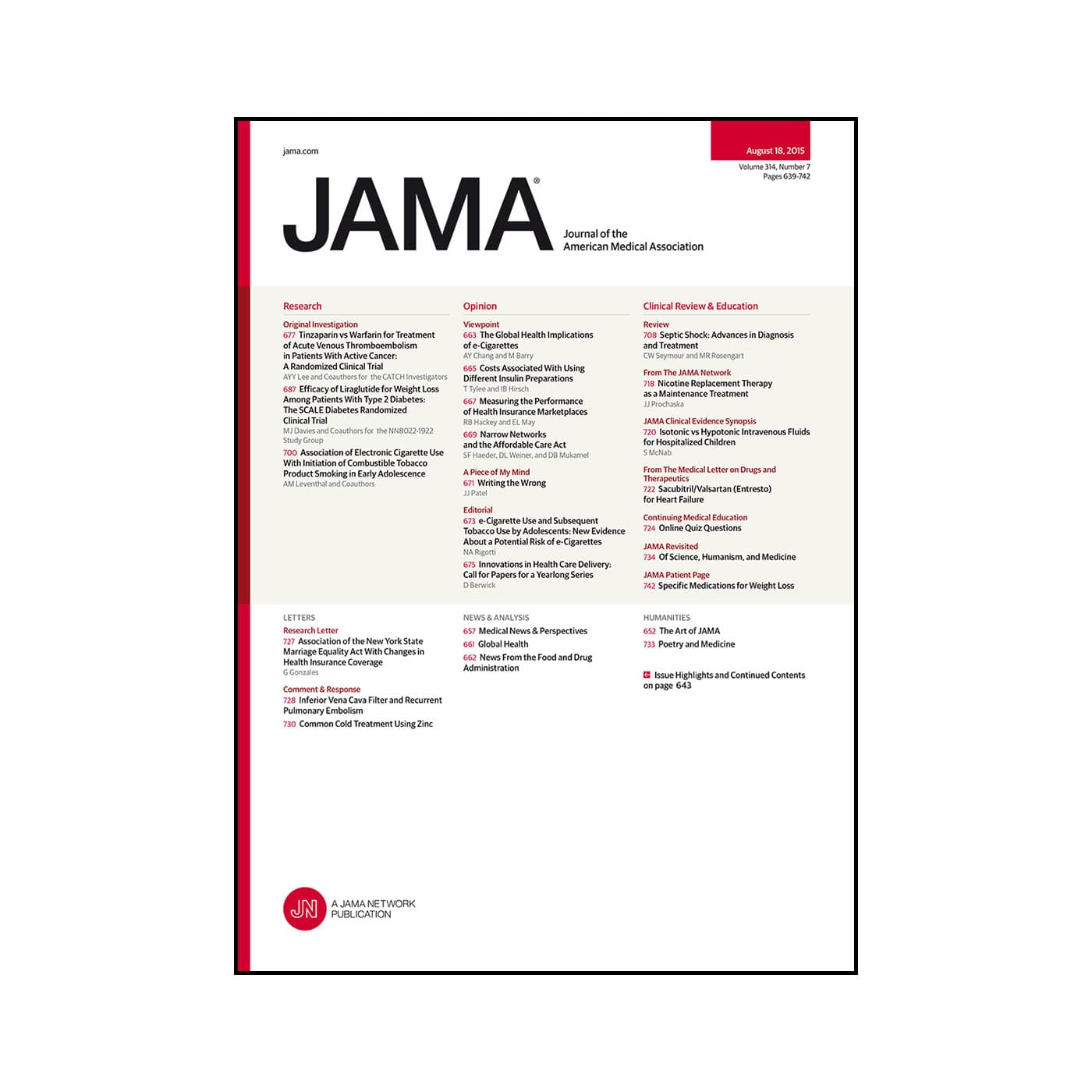 LMWH for VTE in cancer, liraglutide for weight loss, e-cigarettes as a risk factor for smoking, advances in treating sepsis, and more!