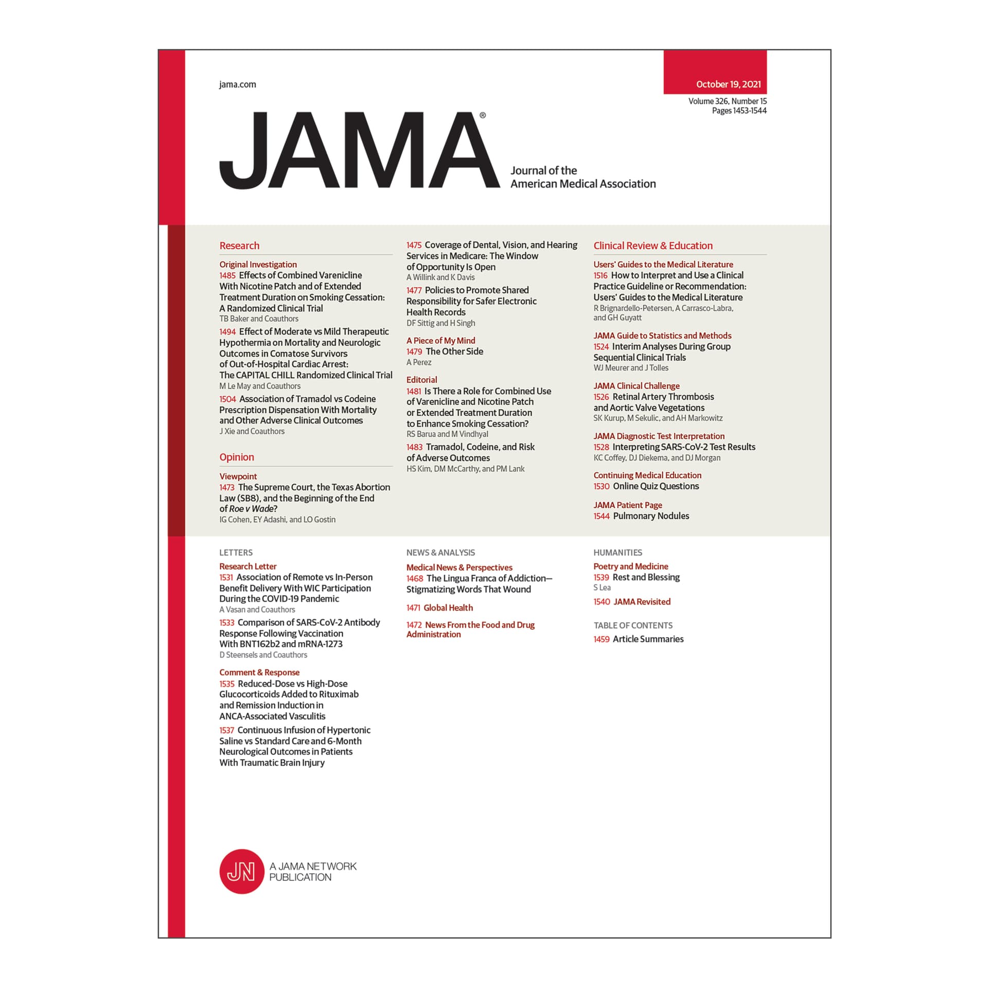 Varenicline and Nicotine Patch for Smoking Cessation, Hypothermia for Out-of-Hospital Cardiac Arrest, Tramadol vs Codeine and Adverse Outcomes, and more