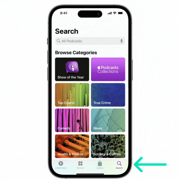 Tapping the Search tab in Apple Podcasts