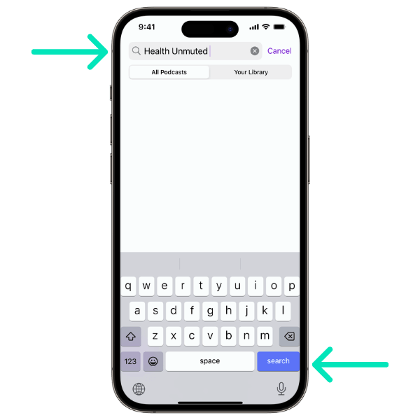 Typing a show name into the Apple Podcasts search box