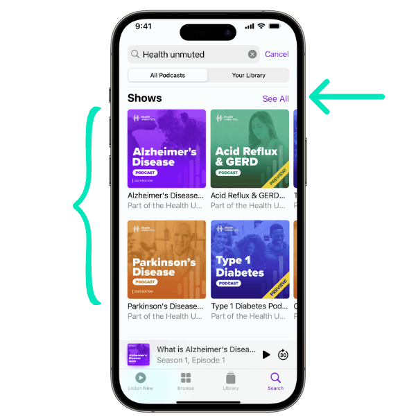 Tapping a show's cover art in Apple Podcasts search results