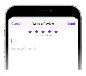 Writing a review title and text, then tapping Send